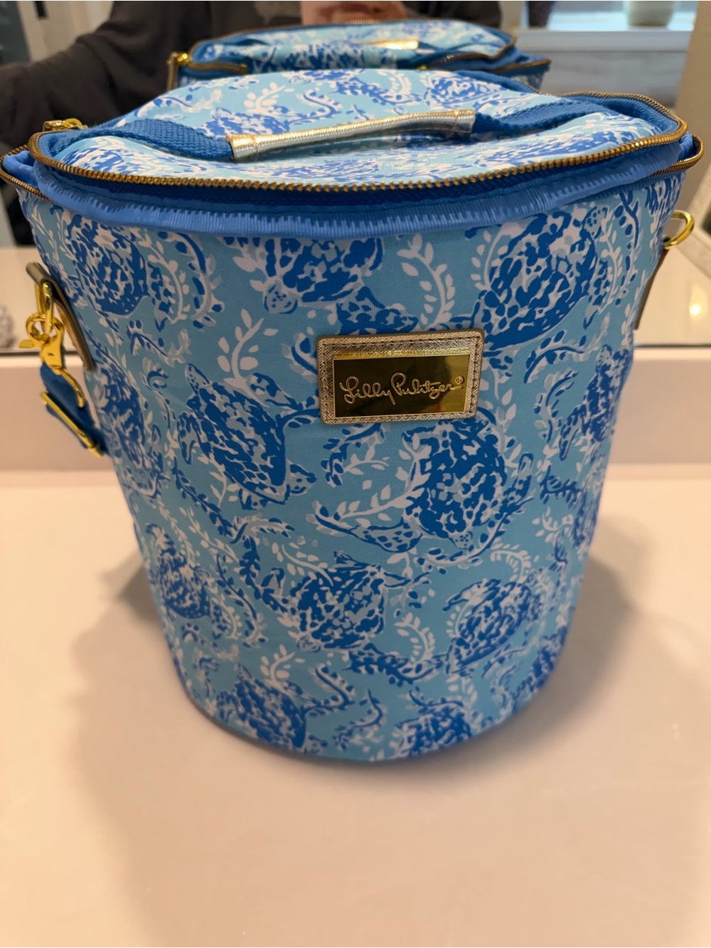 Lilly Pulitzer Light Blue and Royal Blue Floral Cosmetic Bucket Bag